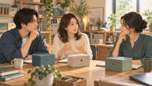 個人の保管場所について話し合う3人の成人
