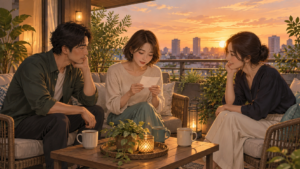 夕暮れに手紙を読み上げる3人の成人