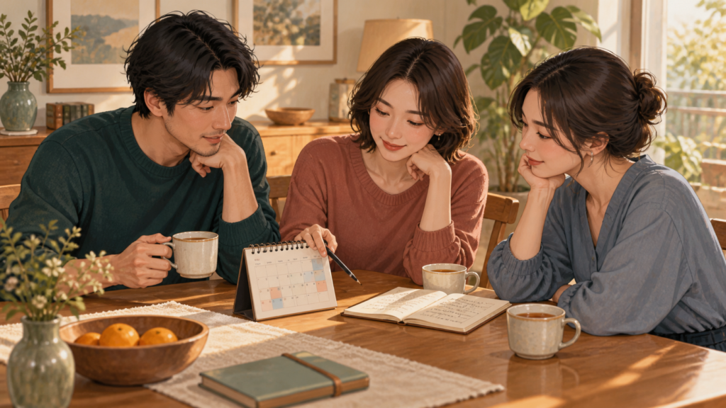 予定と境界線を一緒に確認する3人の成人