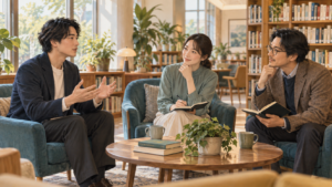 落ち着いて話を聞く3人の成人