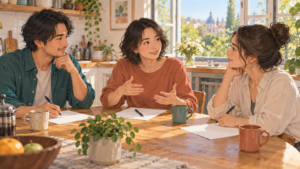 合意の内容を一緒に書き出す3人の成人