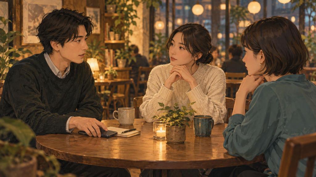 合意とプライバシーを話し合う3人の成人